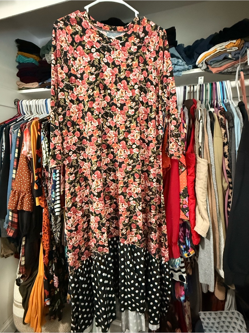 Floral & Polka Dot Long Sleeve Midi Dress - Pink/Black